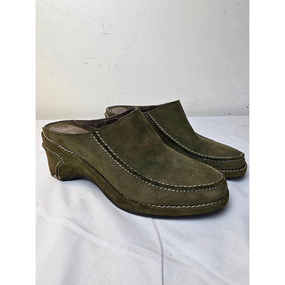 Aerosoles Handi Craft Olive Green Nubuck Leather Moc Toe Wedge Mules 7.5M
